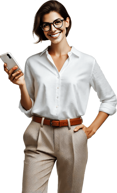 Mulher sorrindo usando o celular para solicitar cotação MedSênior Infinite 44+
